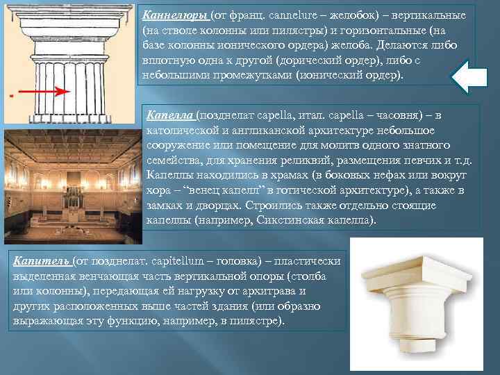 Каннелюры (от франц. cannelure – желобок) – вертикальные (на стволе колонны или пилястры) и