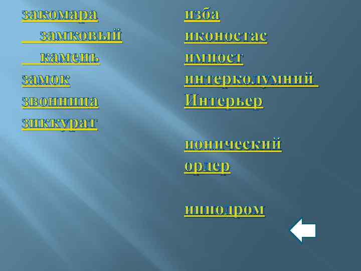закомара замковый камень замок звонница зиккурат изба иконостас импост интерколумний Интерьер ионический ордер ипподром