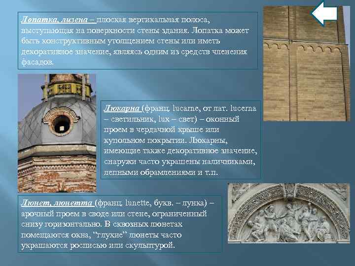 Лопатка, лизена – плоская вертикальная полоса, выступающая на поверхности стены здания. Лопатка может быть