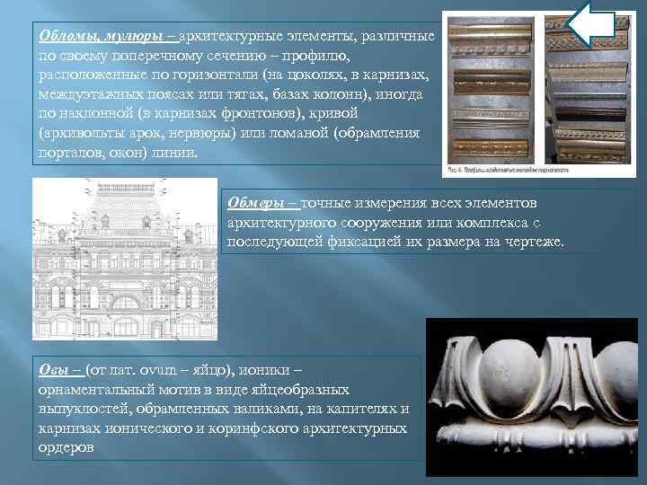 Обломы, мулюры – архитектурные элементы, различные по своему поперечному сечению – профилю, расположенные по
