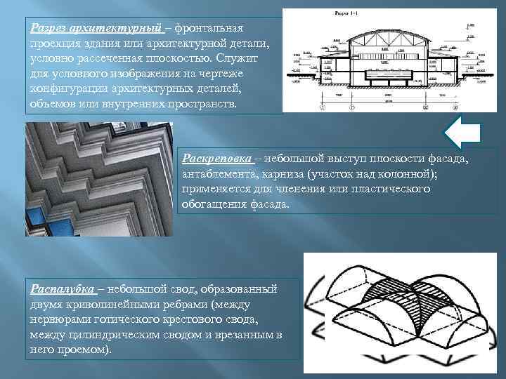 Разрез архитектурный – фронтальная проекция здания или архитектурной детали, условно рассеченная плоскостью. Служит для