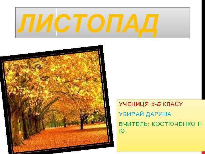 ЛИСТОПАД УЧЕНИЦЯ 6 -Б КЛАСУ УБИРАЙ ДАРИНА ВЧИТЕЛЬ: КОСТЮЧЕНКО Н. Ю. 