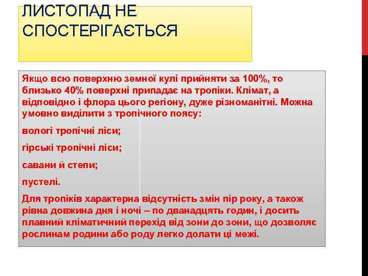ЛИСТОПАД НЕ СПОСТЕРІГАЄТЬСЯ Якщо всю поверхню земної кулі прийняти за 100%, то близько 40%