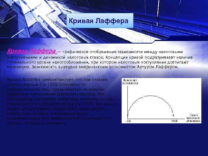 Кривая Лаффера — графическое отображение зависимости между налоговыми поступлениями и динамикой налоговых ставок. Концепция