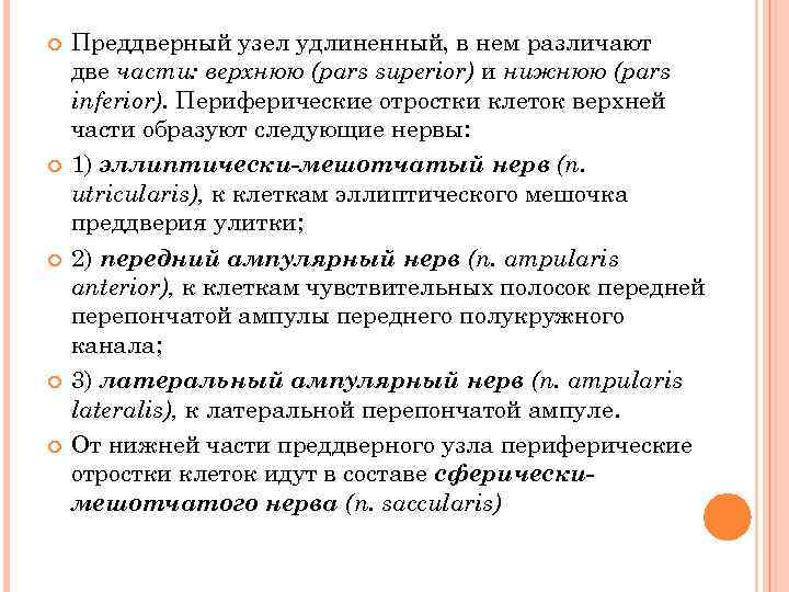  Преддверный узел удлиненный, в нем различают две части: верхнюю (pars superior) и нижнюю