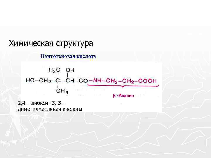 Химическая структура Пантотеновая кислота 2, 4 – диокси -3, 3 – диметилмасляная кислота .