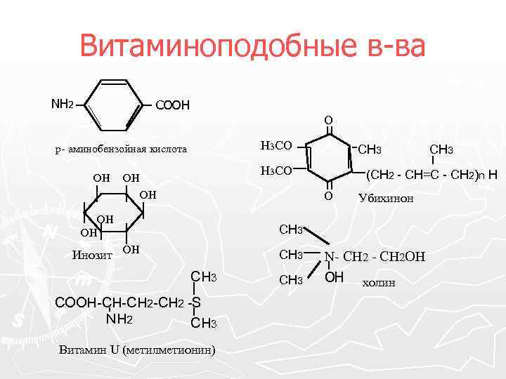 Витаминоподобные в-ва NH 2 СООН О Н 3 СО р- аминобензойная кислота ОН CH