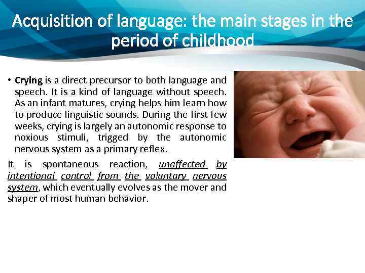 Acquisition of language: the main stages in the period of childhood • Crying is