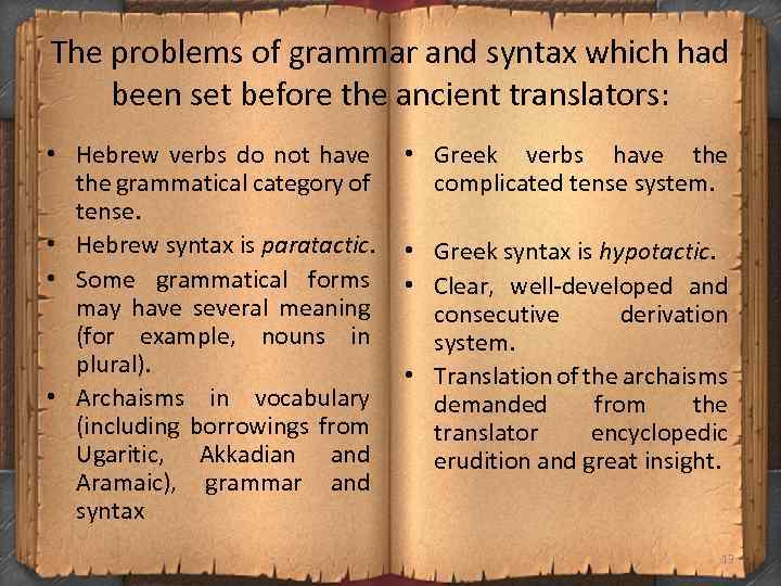 The problems of grammar and syntax which had been set before the ancient translators: