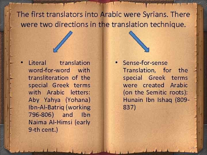 The first translators into Arabic were Syrians. There were two directions in the translation