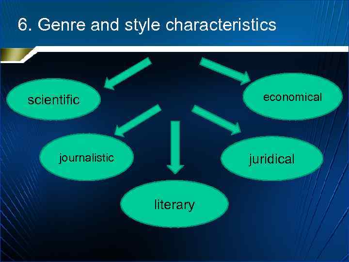 6. Genre and style characteristics economical scientific journalistic juridical literary 