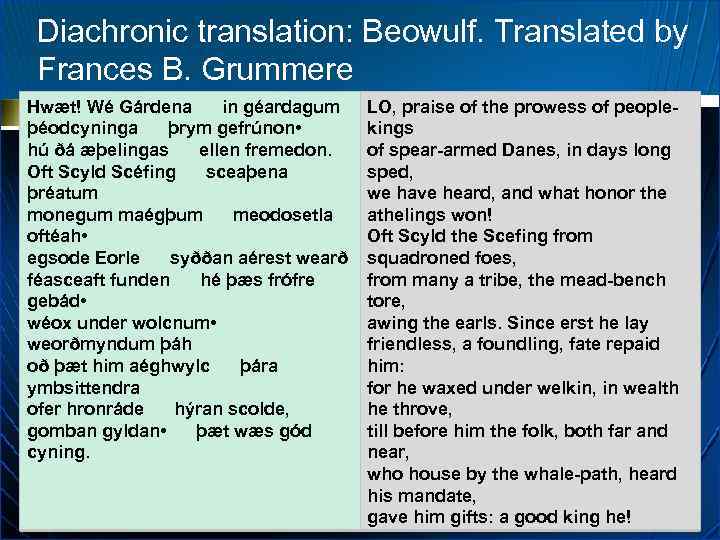 Diachronic translation: Beowulf. Translated by Frances B. Grummere Hwæt! Wé Gárdena in géardagum þéodcyninga