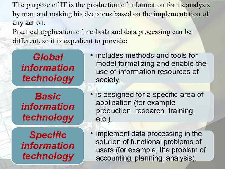 The purpose of IT is the production of information for its analysis by man