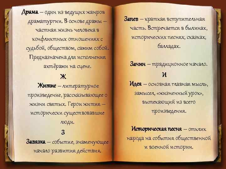 Драма – один из ведущих жанров драматургии. В основе драмы – частная жизнь человека