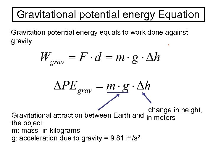 Gravitational potential energy Equation Gravitation potential energy equals to work done against gravity. change