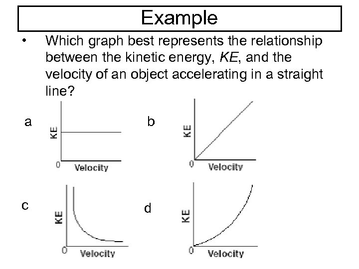 Example • Which graph best represents the relationship between the kinetic energy, KE, and