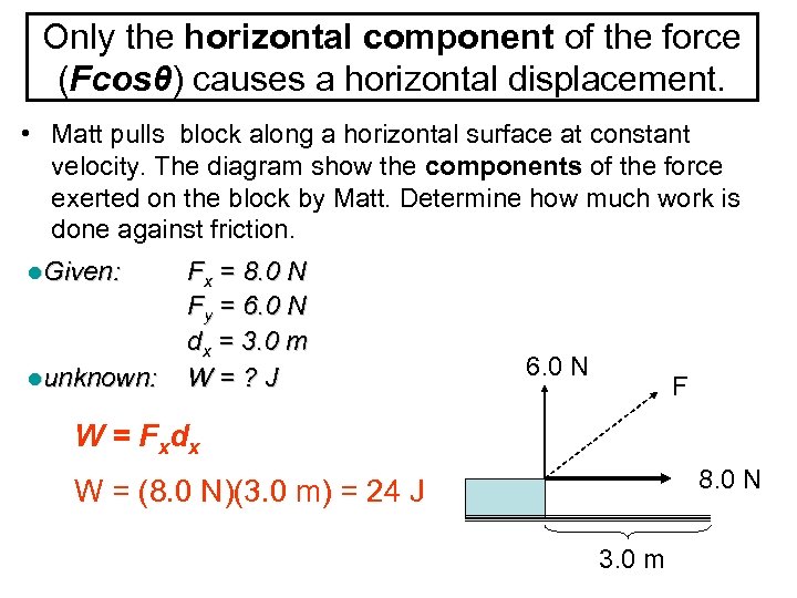 Only the horizontal component of the force (Fcosθ) causes a horizontal displacement. • Matt