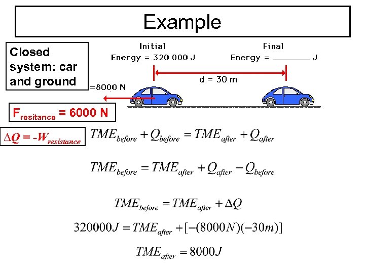 Example Closed system: car and ground Fresitance = 6000 N ∆Q = -Wresistance 