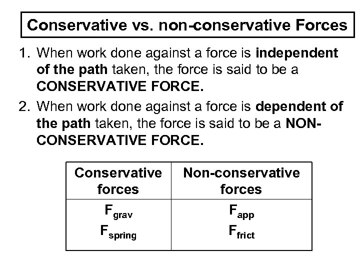 Conservative vs. non-conservative Forces 1. When work done against a force is independent of