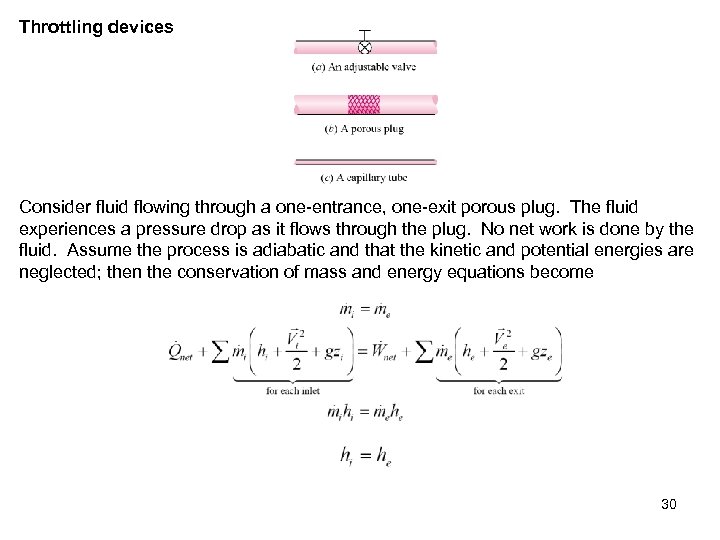 Throttling devices Consider fluid flowing through a one-entrance, one-exit porous plug. The fluid experiences