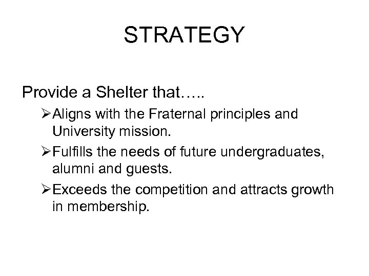 STRATEGY Provide a Shelter that…. . ØAligns with the Fraternal principles and University mission.