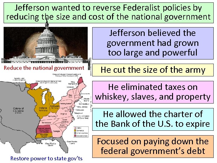 Jefferson wanted to reverse Federalist policies by reducing the size and cost of the