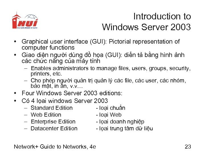 Introduction to Windows Server 2003 • Graphical user interface (GUI): Pictorial representation of computer
