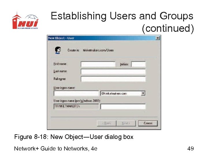 Establishing Users and Groups (continued) Figure 8 -18: New Object―User dialog box Network+ Guide