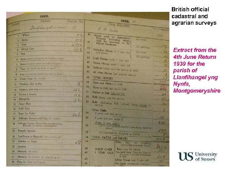 British official cadastral and agrarian surveys Extract from the 4 th June Return 1939