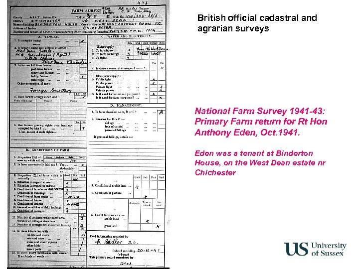 British official cadastral and agrarian surveys National Farm Survey 1941 -43: Primary Farm return