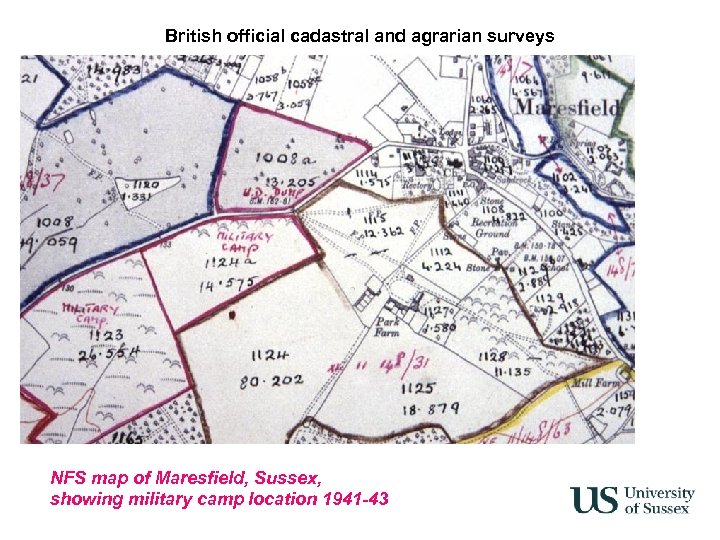 British official cadastral and agrarian surveys NFS map of Maresfield, Sussex, showing military camp