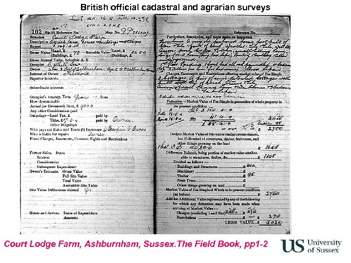 British official cadastral and agrarian surveys Court Lodge Farm, Ashburnham, Sussex. The Field Book,