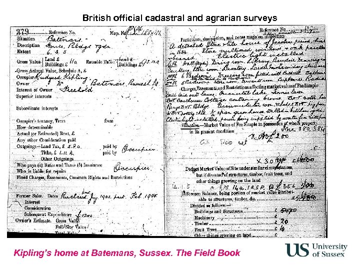 British official cadastral and agrarian surveys Kipling’s home at Batemans, Sussex. The Field Book
