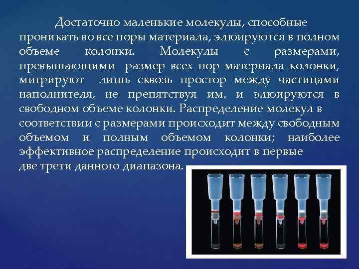 Достаточно маленькие молекулы, способные проникать во все поры материала, элюируются в полном объеме колонки.