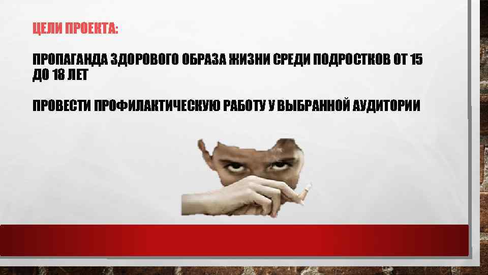 ЦЕЛИ ПРОЕКТА: ПРОПАГАНДА ЗДОРОВОГО ОБРАЗА ЖИЗНИ СРЕДИ ПОДРОСТКОВ ОТ 15 ДО 18 ЛЕТ ПРОВЕСТИ
