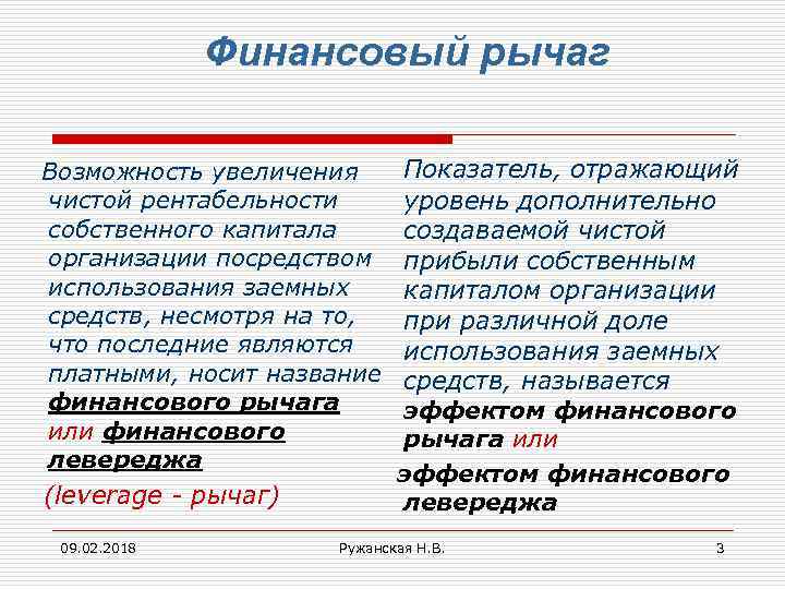 Финансовый рычаг Возможность увеличения чистой рентабельности собственного капитала организации посредством использования заемных средств, несмотря