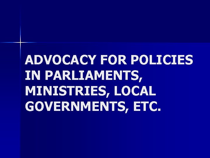 ADVOCACY FOR POLICIES IN PARLIAMENTS, MINISTRIES, LOCAL GOVERNMENTS, ETC. 