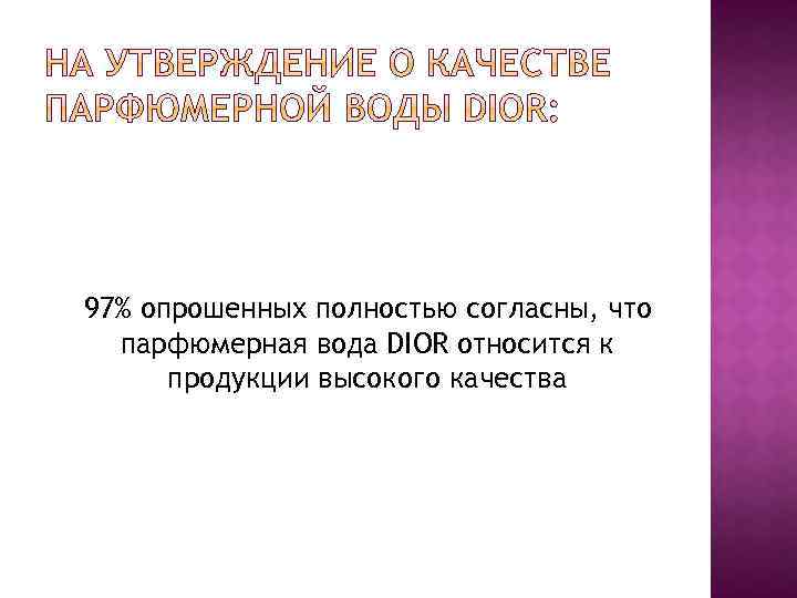 97% опрошенных полностью согласны, что парфюмерная вода DIOR относится к продукции высокого качества 