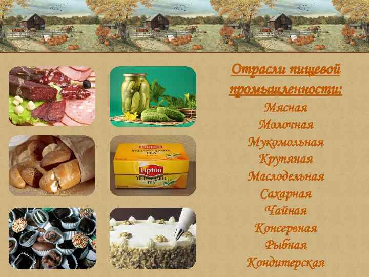 Отрасли пищевой промышленности: Мясная Молочная Мукомольная Крупяная Маслодельная Сахарная Чайная Консервная Рыбная Кондитерская 