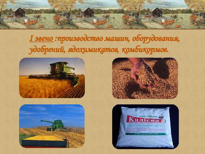 I звено : производство машин, оборудования, удобрений, ядохимикатов, комбикормов. 