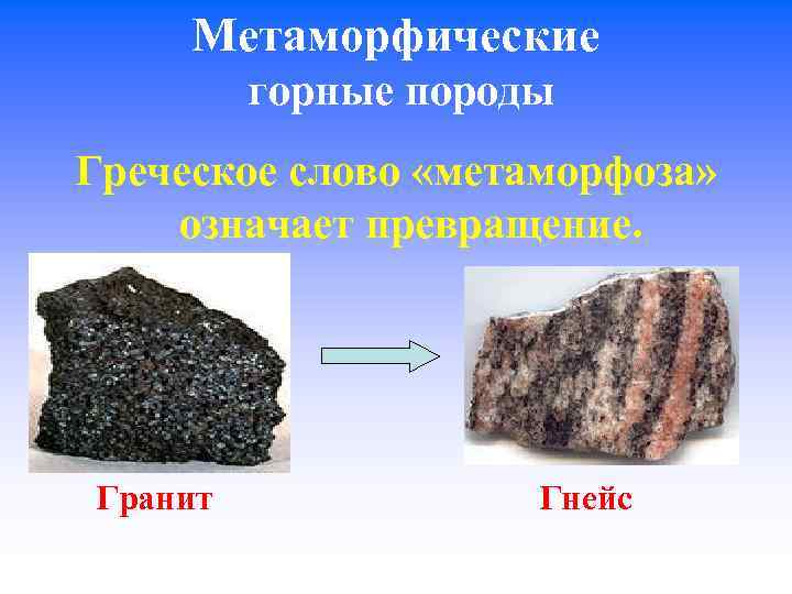 Метаморфические горные породы Греческое слово «метаморфоза» означает превращение. Гранит Гнейс 