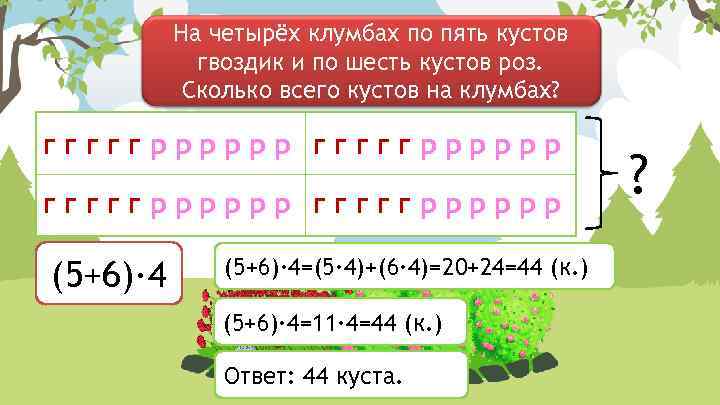 На четырёх клумбах по пять кустов гвоздик и по шесть кустов роз. Сколько всего