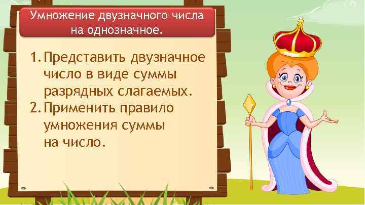 Умножение двузначного числа на однозначное. 1. Представить двузначное число в виде суммы разрядных слагаемых.
