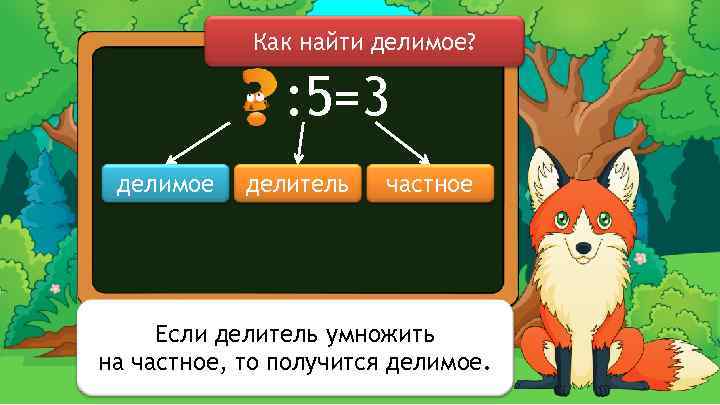 Как найти делимое? : 5=3 делимое делитель частное Если делитель умножить на частное, то