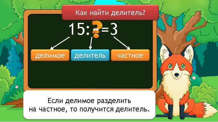 Как найти делитель? 15: =3 делимое делитель частное Если делимое разделить на частное, то