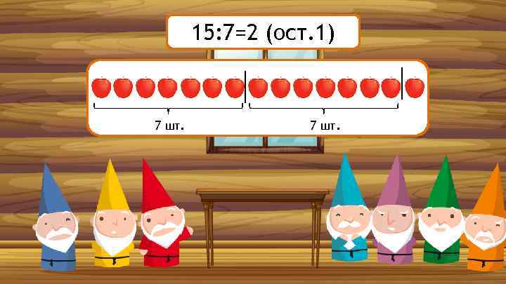 15: 7=2 (ост. 1) 15: 7= 7 шт. 