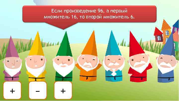 Если произведение 96, а первый множитель 16, то второй множитель 6. + – +