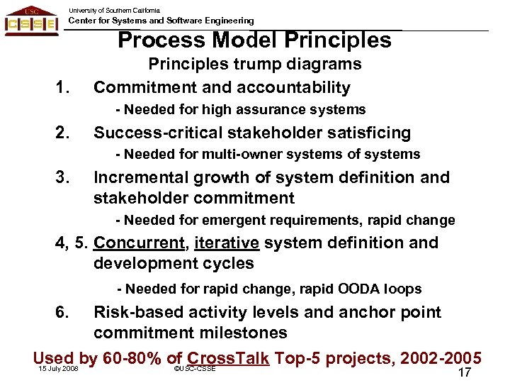 University of Southern California Center for Systems and Software Engineering Process Model Principles 1.