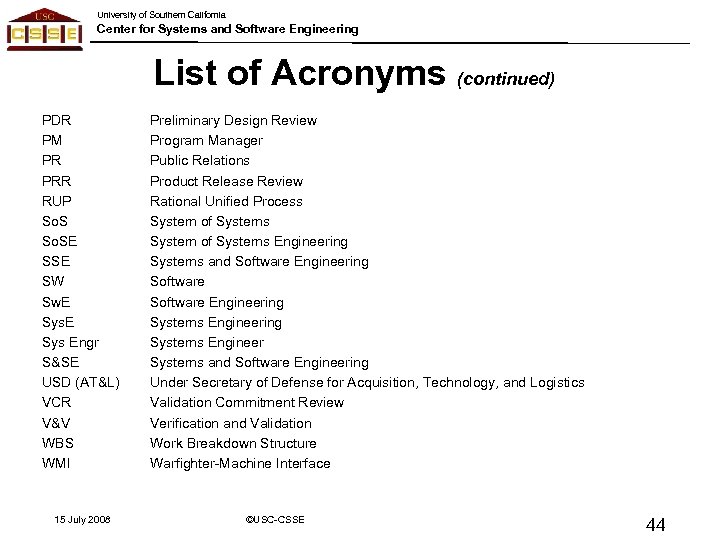 University of Southern California Center for Systems and Software Engineering List of Acronyms (continued)