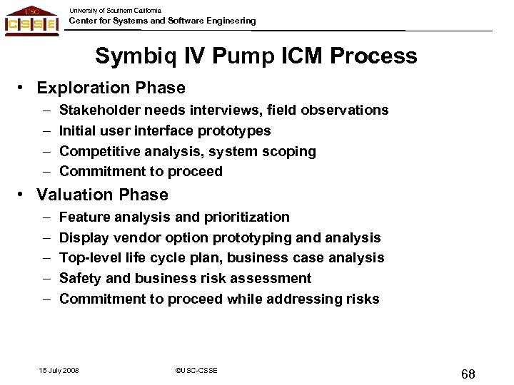 University of Southern California Center for Systems and Software Engineering Symbiq IV Pump ICM